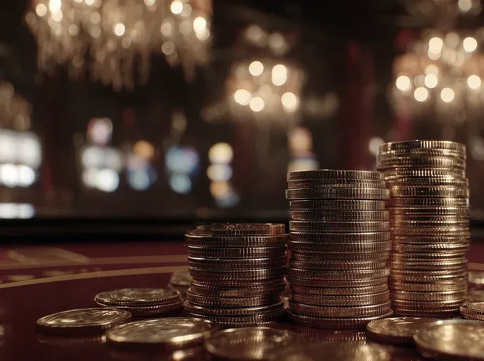 Vegas Now Casino AU bonuses: stacks of casino coins on a table in a Vegas hall