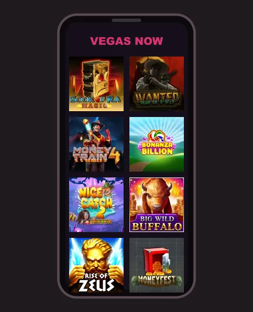 Vegas Now Casino AU lobby with game tiles on a phone screen