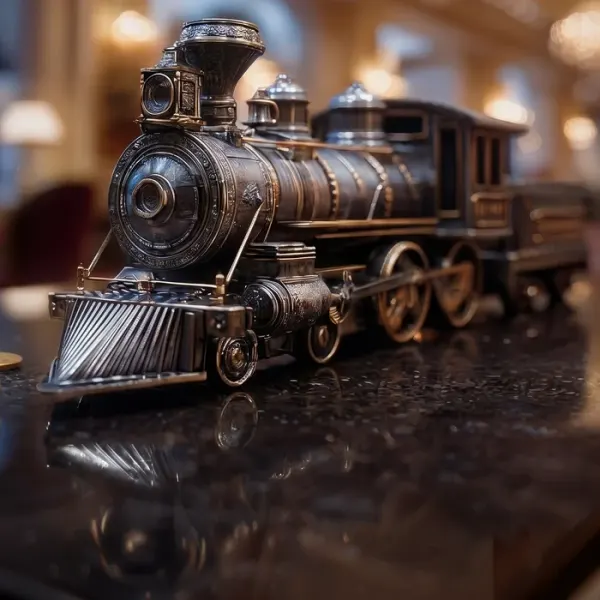 Vegas Now promotions Vegas Now loyalty reward: a silver locomotive model on a marble table